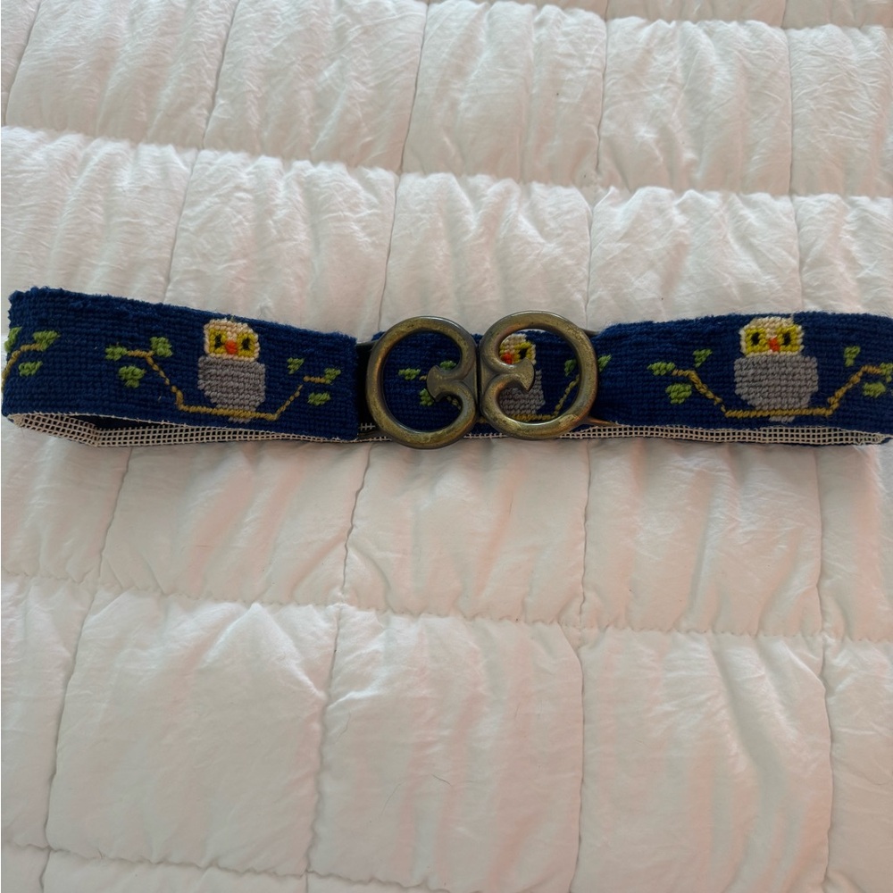 Vintage Navy Blue Owl Needlepoint Belt